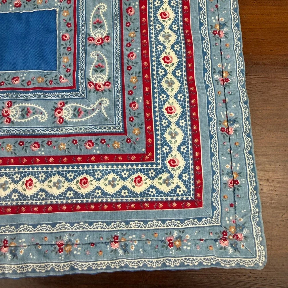 Vintage Quilted Placemats Set of 2 Blue Red Floral Paisley Cottagecore Farmhouse
